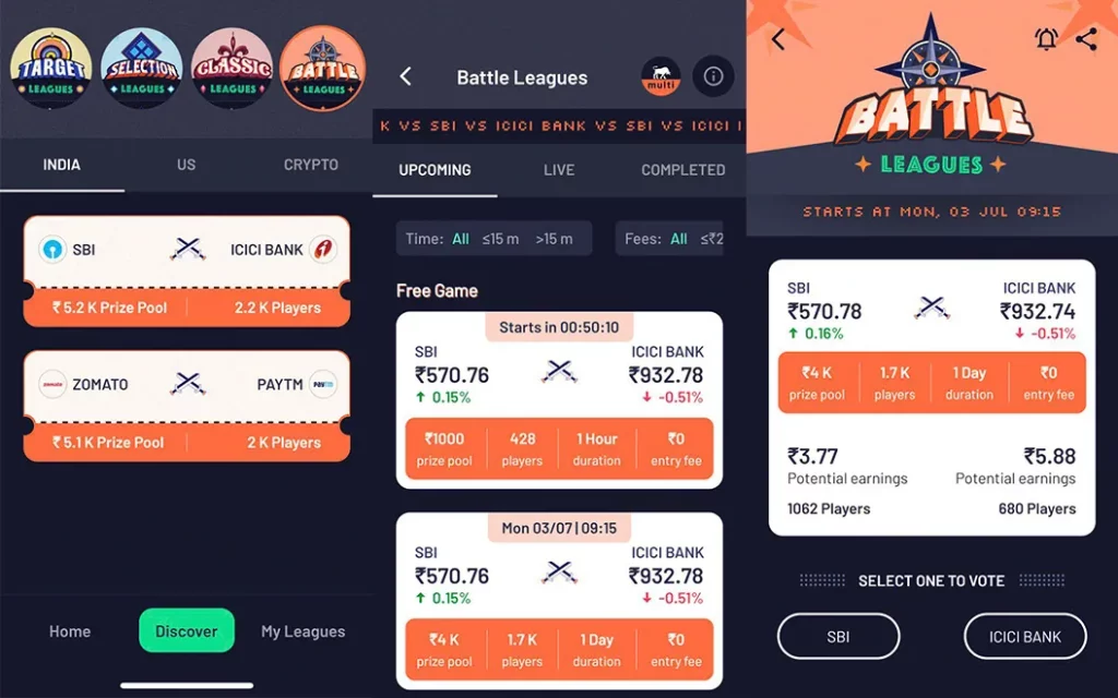 Battle Leagues - pick stocks, watch them go up or down, research the price trends and finally, understand what factors dictate the stock behaviour.