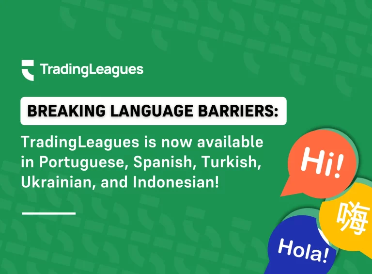 The image talks about TradingLeagues Now Available in Portuguese, Spanish, Turkish, Ukrainian, and Indonesian